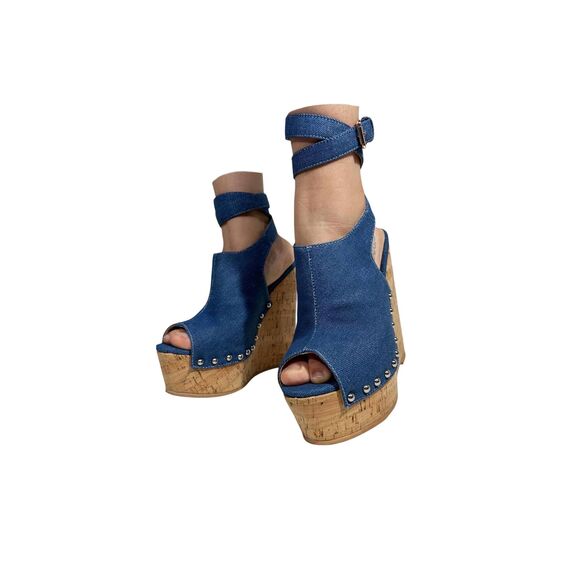 Shoe Dazzle Sexy Platform Wedge Sandals, Blue Denim Rivets High Heeled Size 12 - Picture 4 of 6